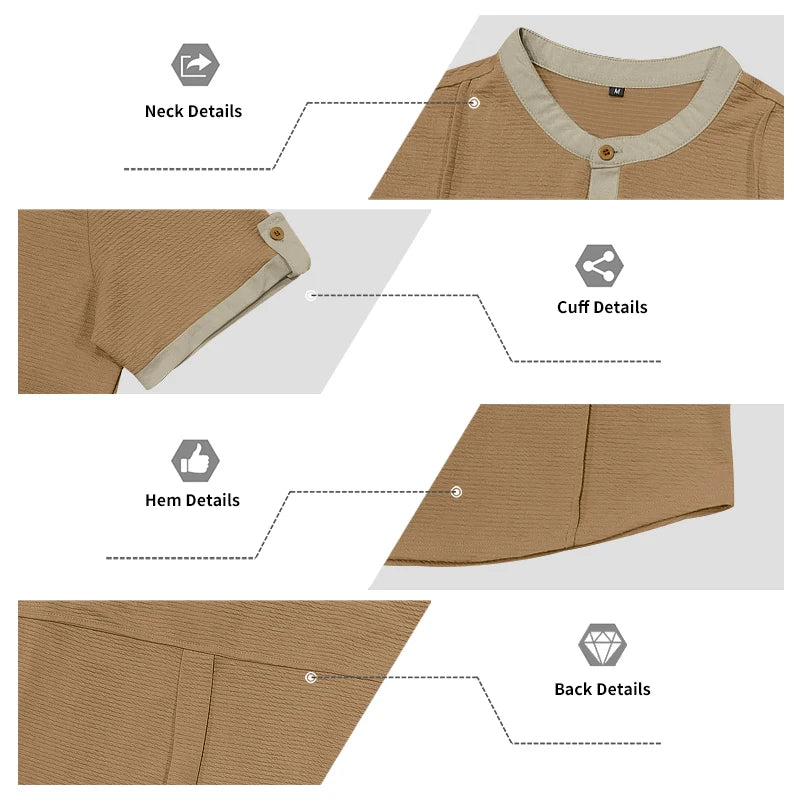 Summer Men's Casual Set with Textured Henry Collar Two-Piece, Short Sleeve Shirt & Elastic Waist Drawstring Shorts Set