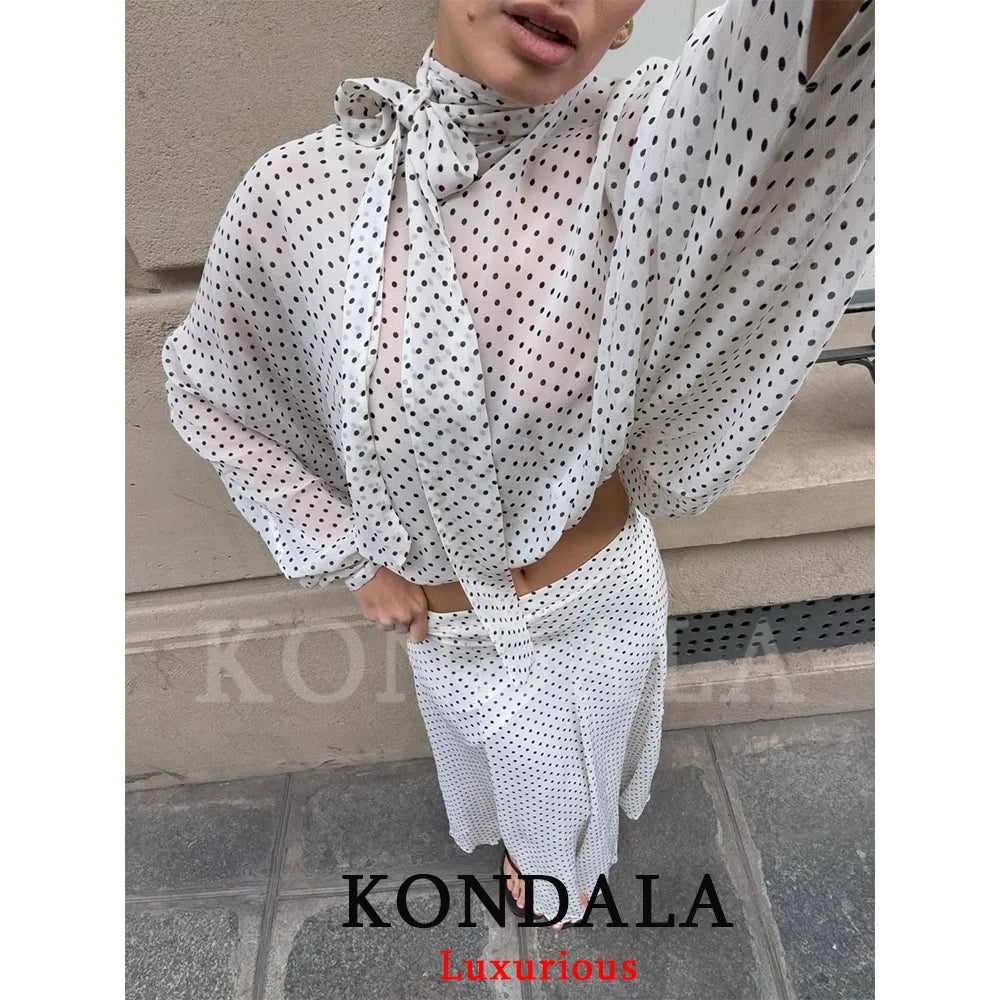 Vintage Women Sets Chiffon Bow Tie Loose Blouses Loose