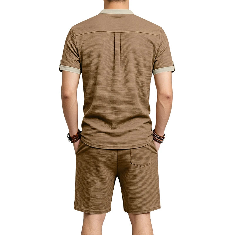 Summer Men's Casual Set with Textured Henry Collar Two-Piece, Short Sleeve Shirt & Elastic Waist Drawstring Shorts Set