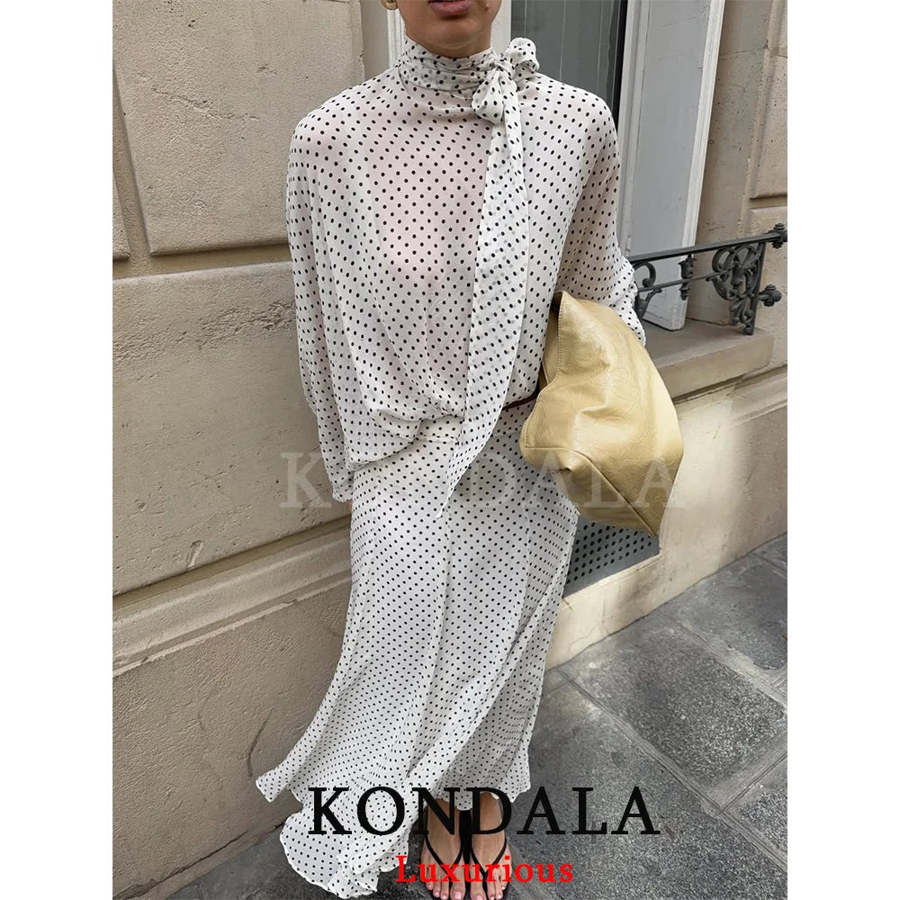 Vintage Women Sets Chiffon Bow Tie Loose Blouses Loose