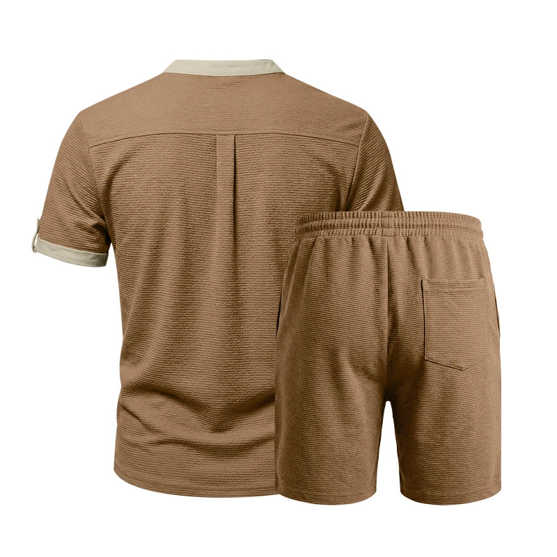 Summer Men's Casual Set with Textured Henry Collar Two-Piece, Short Sleeve Shirt & Elastic Waist Drawstring Shorts Set