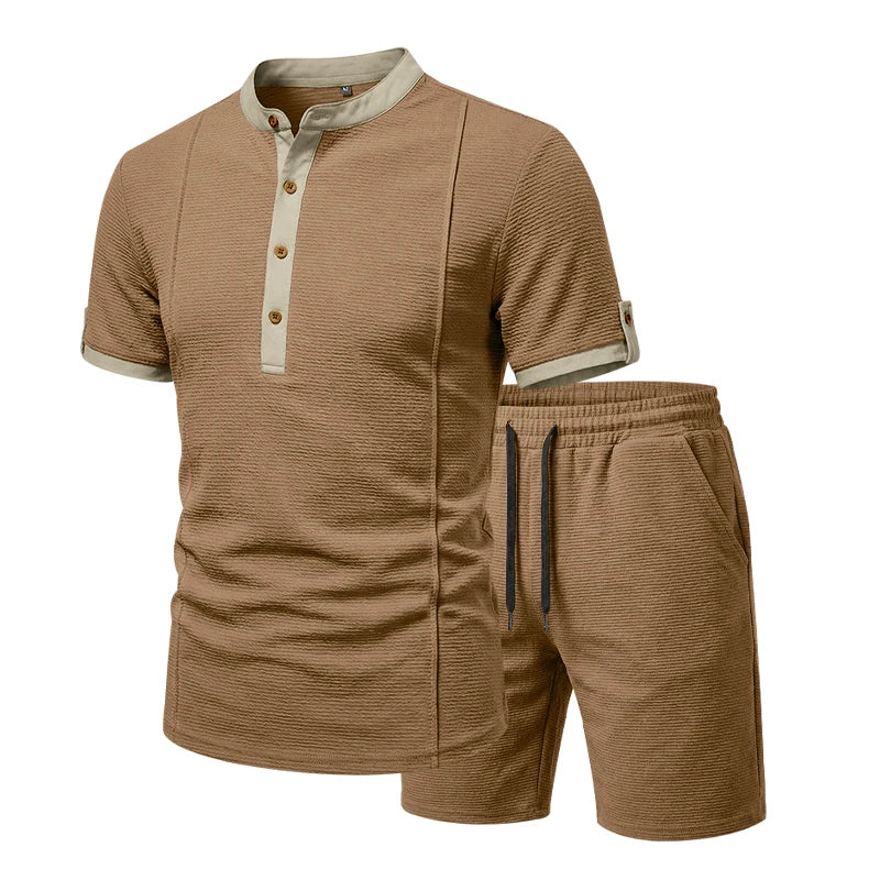 Summer Men's Casual Set with Textured Henry Collar Two-Piece, Short Sleeve Shirt & Elastic Waist Drawstring Shorts Set