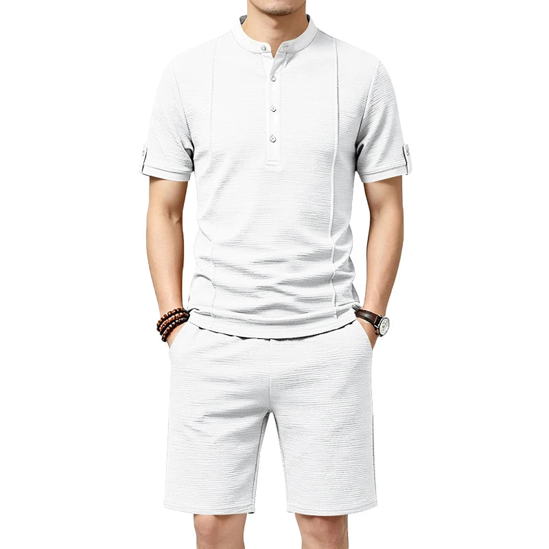 Summer Men's Casual Set with Textured Henry Collar Two-Piece, Short Sleeve Shirt & Elastic Waist Drawstring Shorts Set