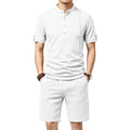Summer Men's Casual Set with Textured Henry Collar Two-Piece, Short Sleeve Shirt & Elastic Waist Drawstring Shorts Set