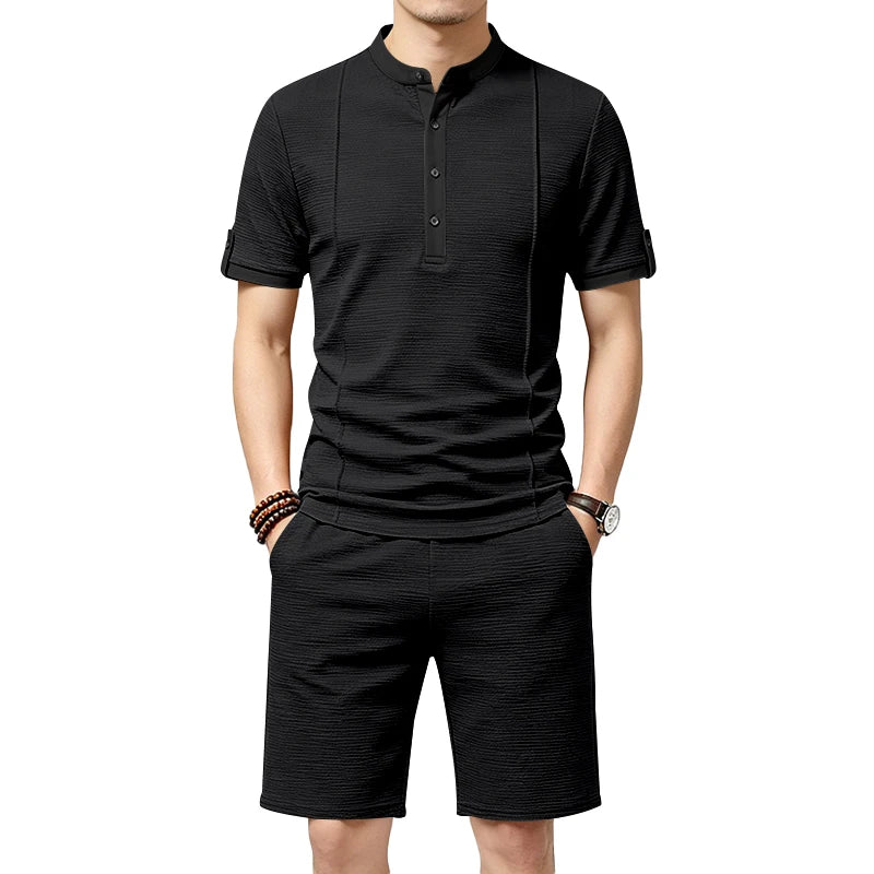 Summer Men's Casual Set with Textured Henry Collar Two-Piece, Short Sleeve Shirt & Elastic Waist Drawstring Shorts Set