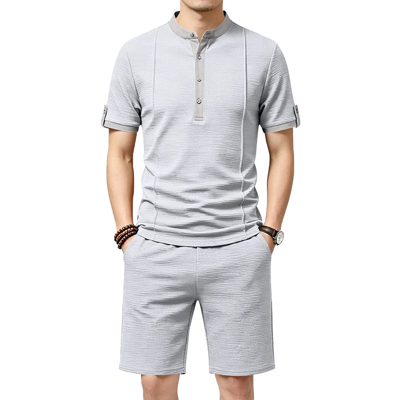 Summer Men's Casual Set with Textured Henry Collar Two-Piece, Short Sleeve Shirt & Elastic Waist Drawstring Shorts Set