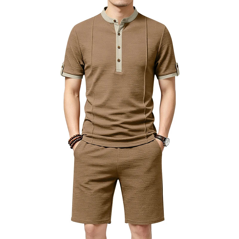 Summer Men's Casual Set with Textured Henry Collar Two-Piece, Short Sleeve Shirt & Elastic Waist Drawstring Shorts Set